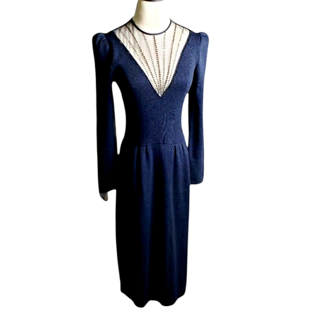 St.John Signature Santana Knit Little Black Dress Tie Gala Bejewled Sheer Neck S